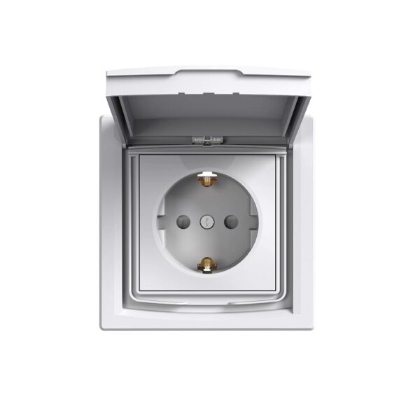 Розетка с заземлением, с крышкой и шторками, IP44, Белая, Asfora EPH3100321