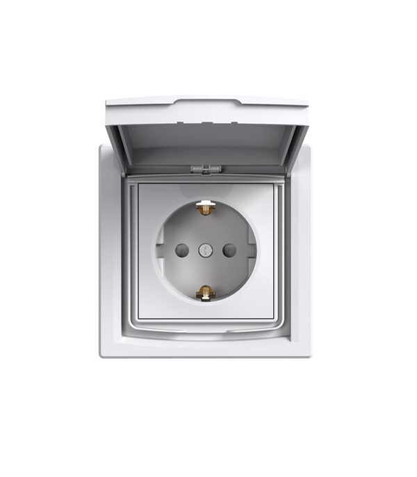 Розетка с заземлением, с крышкой и шторками, IP44, Белая, Asfora EPH3100321