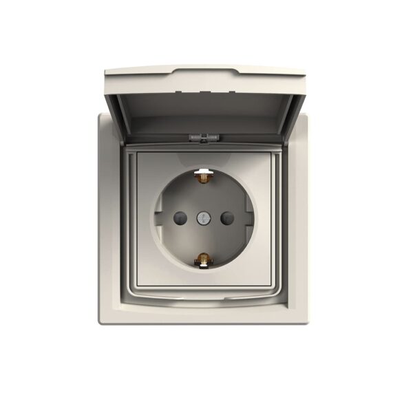 Розетка з заземленням з кришкою і шторками, IP44, Кремова, Asfora EPH3100323