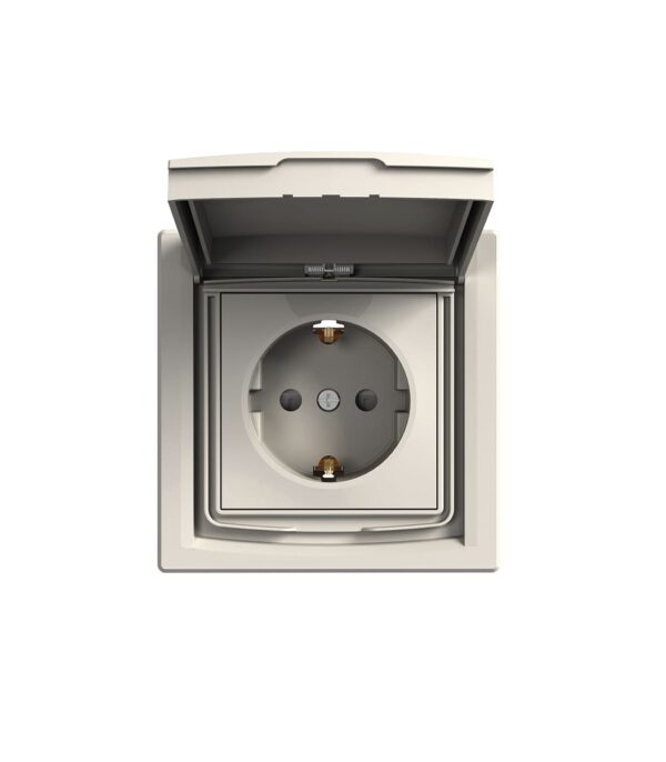 Розетка з заземленням з кришкою і шторками, IP44, Кремова, Asfora EPH3100323