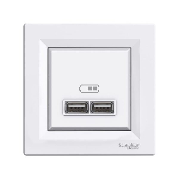 Розетка USB, 2 виходи 2.0, 5V-DC, макс 2.1 A, Біла, Asfora EPH2700221