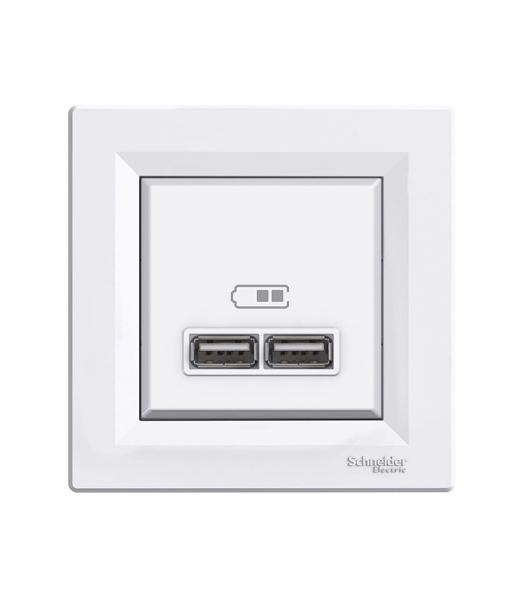 rozetka-usb 2-vyhoda-2.0-5v-dc-maks-2.1 a-belaya-asfora-eph2700221-1 Розетка USB, 2 выхода 2.0, 5V-DC, макс 2.1A, Белая, Asfora EPH2700221 - Зображення 1