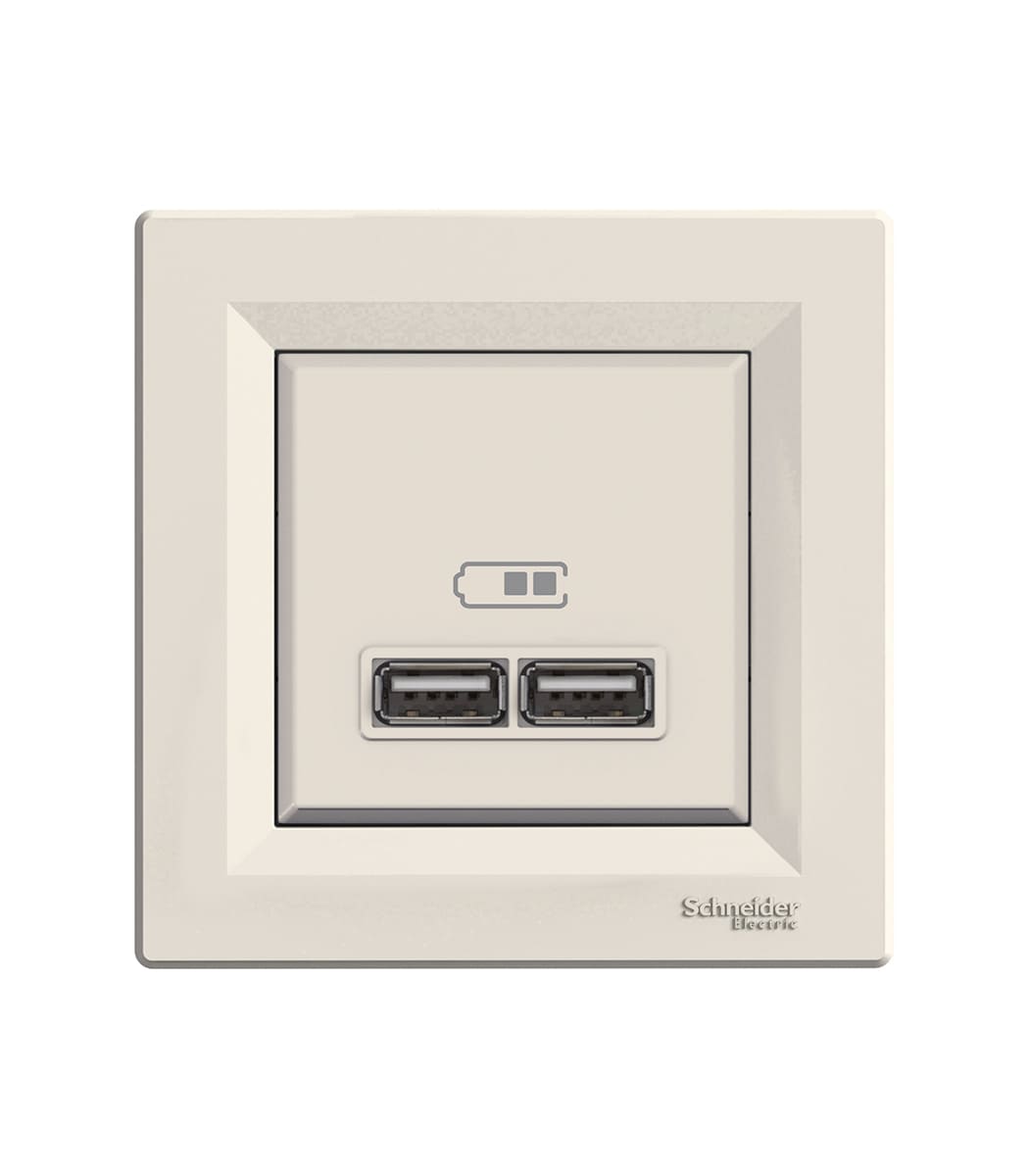 rozetka-usb-2-vyhoda-2.0-5v-dc-maks-2.1a-kremovaya-asfora-eph2700223-1 Розетка USB, 2 выхода 2.0, 5V-DC, макс 2.1A, Кремовая, Asfora EPH2700223 — изображение 1