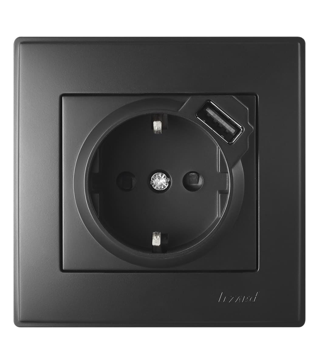 rozetka-lezard-lesya-705-4242-181 Розетка одинарная с заземлением+USB LEZARD LESYA Антрацит 705-4242-181 — изображение 1