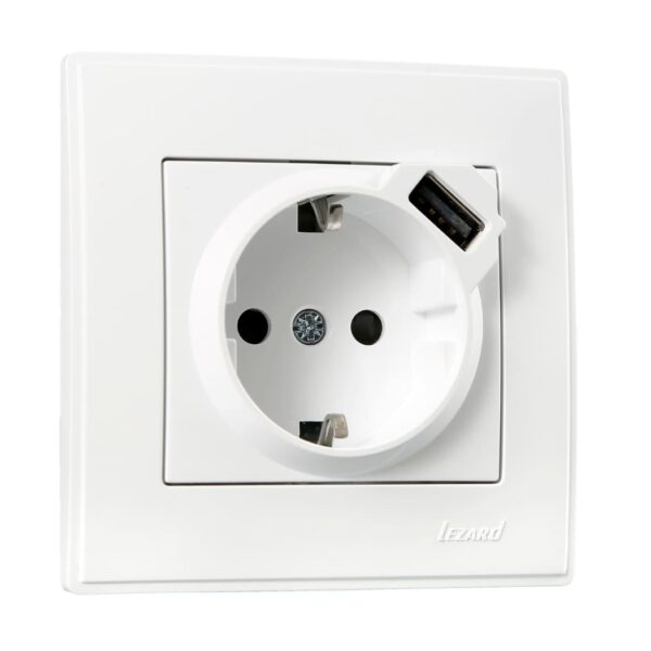 Розетка одинарная с заземлением+USB LEZARD LESYA Белая 705-0202-181