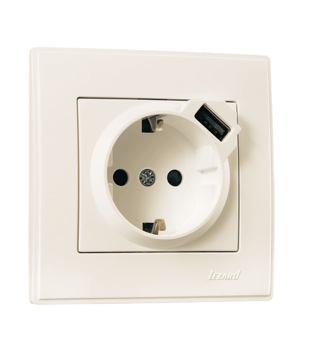rozetka-odinarnaya-s-zazemleniemusb-lezard-lesya-krem-705-0303-181 Розетка одинарная с заземлением+USB LEZARD LESYA Крем 705-0303-181 — изображение 1