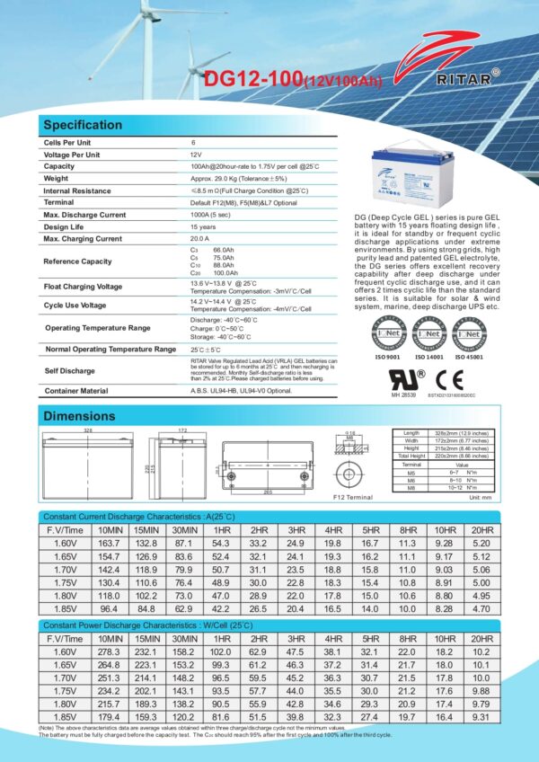 Гелевый Аккумулятор (GEL) Ritar DG12-100 12V 100ah Для ИБП — изображение 5