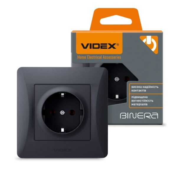 Розетка одинарная с заземлением черный графит VIDEX BINERA (VF-BNSK1G-BG)