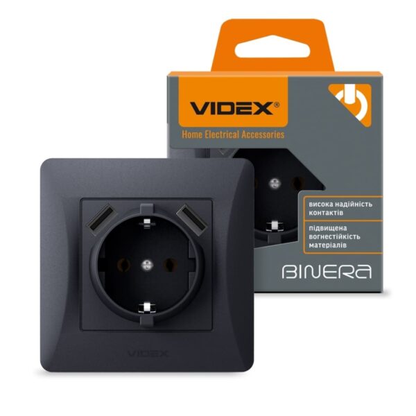 Розетка одинарная с заземлением и 2USB черный графит VIDEX BINERA (VF-BNSK1GU2-BG)
