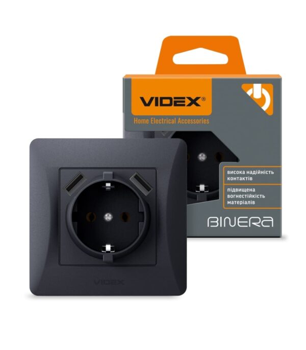 Розетка одинарная с заземлением и 2USB черный графит VIDEX BINERA (VF-BNSK1GU2-BG)