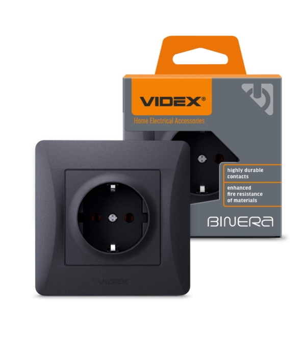 Розетка одинарная с заземлением черный графит VIDEX BINERA (VF-BNSK1G-BG) — изображение 2