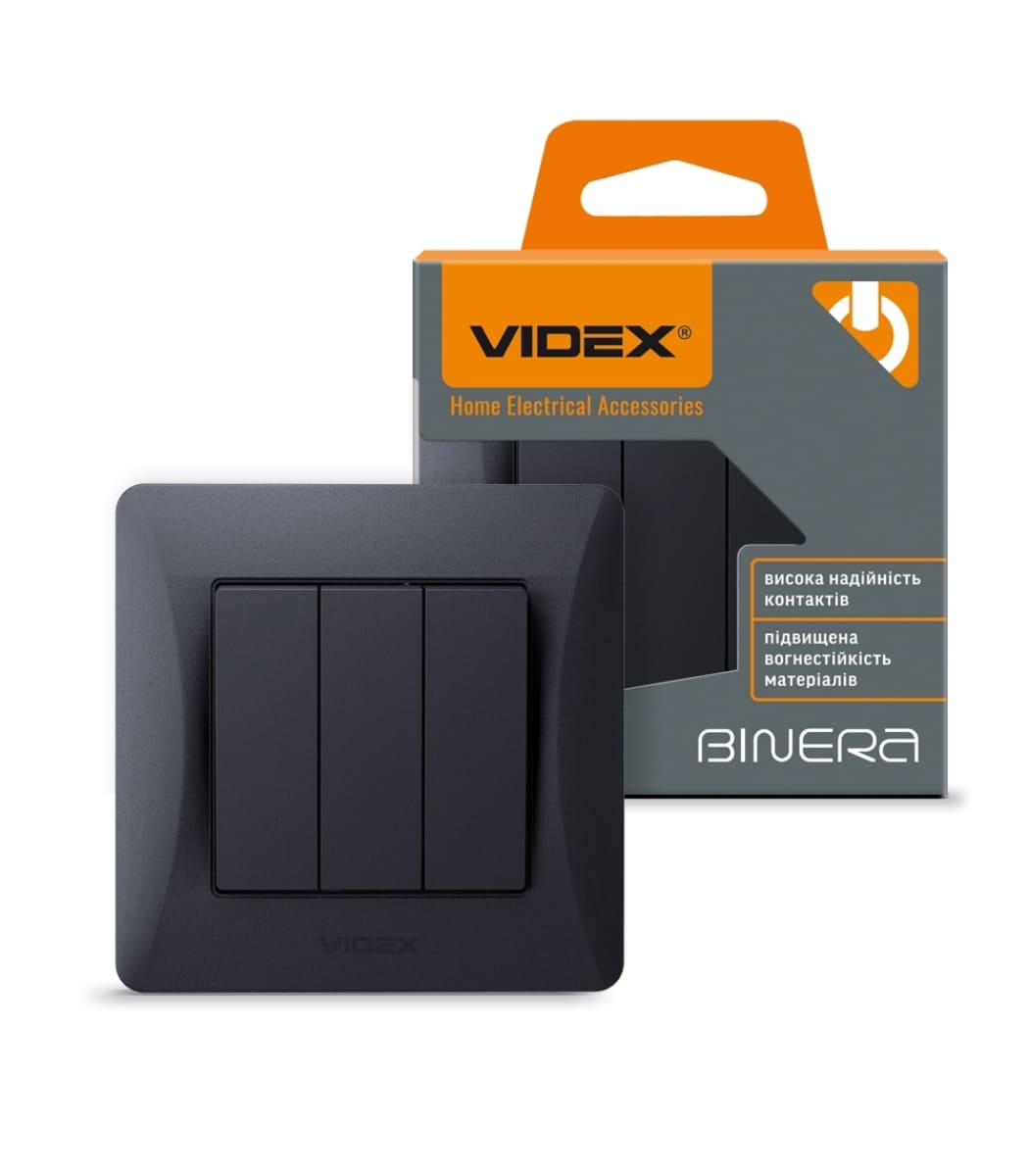 vimikach-trohklavishniy-chorniy-grafit-videx-binera Выключатель трехклавишный черный графит VIDEX BINERA (VF-BNSW3-BG) — изображение 1
