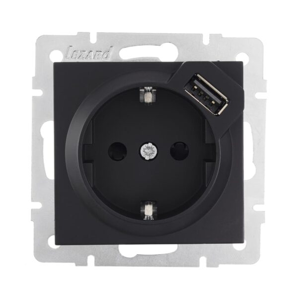 Розетка одинарная с заземлением + USB LEZARD VESNA Антрацит (742-4288-181)