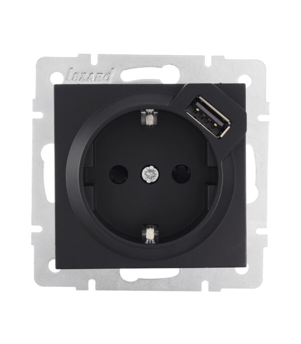 Розетка одинарная с заземлением + USB LEZARD VESNA Антрацит (742-4288-181)