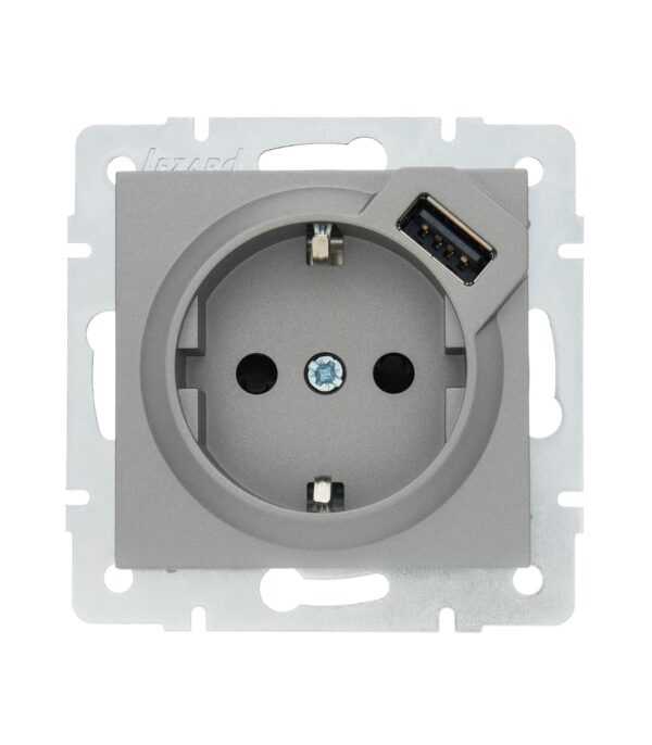 Розетка одинарная с заземлением + USB LEZARD VESNA Серый матовый (742-3588-181)