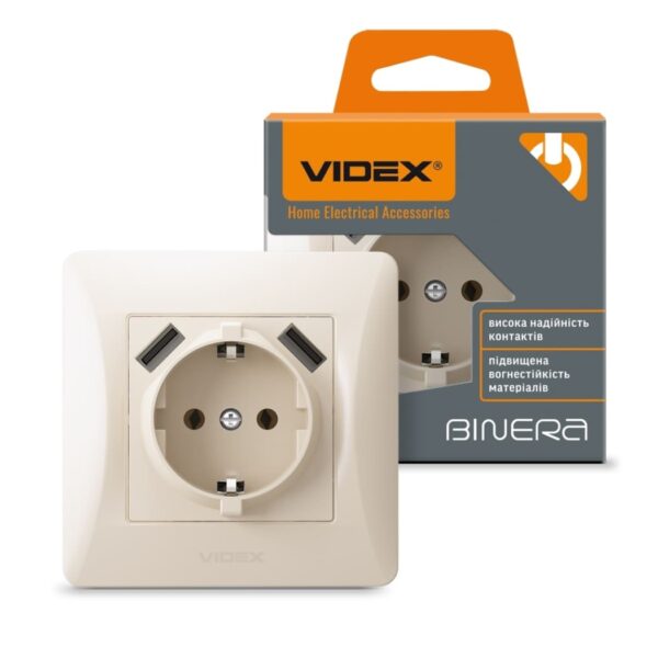 Розетка одинарная с заземлением + 2 USB Крем VIDEX BINERA (VF-BNSK1GU2-CR)
