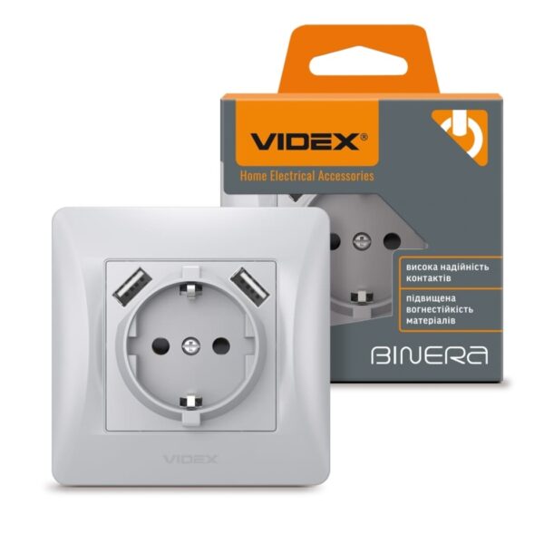 Розетка одинарная с заземлением + 2 USB Серебряный шёлк VIDEX BINERA (VF-BNSK1GU2-SS)