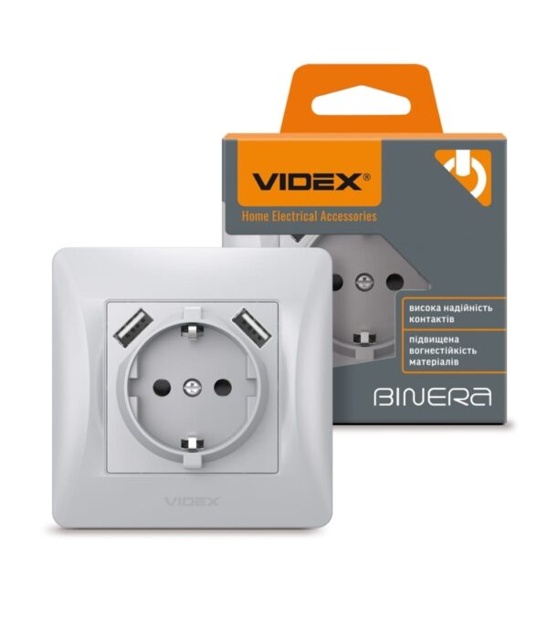 Розетка одинарная с заземлением + 2 USB Серебряный шёлк VIDEX BINERA (VF-BNSK1GU2-SS)