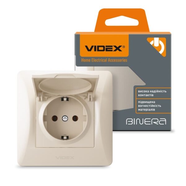 Розетка одинарная с заземлением и крышкой Крем VIDEX BINERA (VF-BNSK1GС-CR)