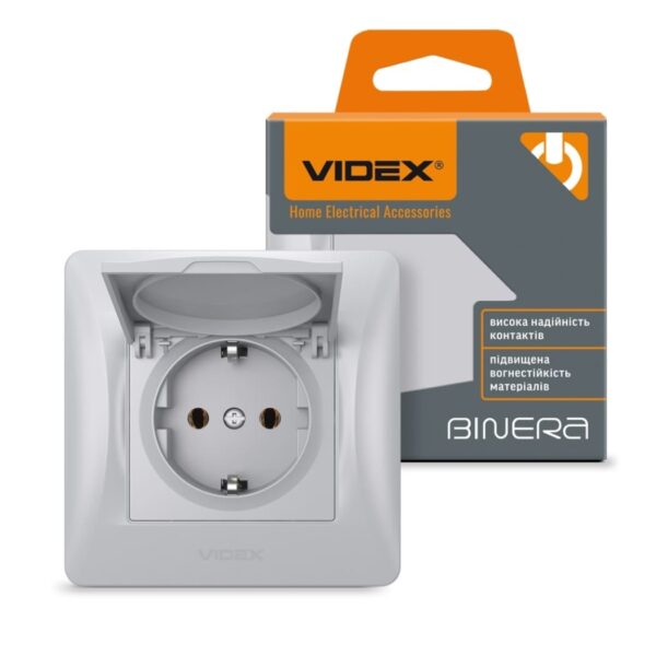 Розетка одинарная с заземлением и крышкой Серебряный шёлк VIDEX BINERA (VF-BNSK1GС-SS)