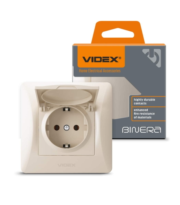Розетка одинарная с заземлением и крышкой Крем VIDEX BINERA (VF-BNSK1GС-CR) — изображение 2