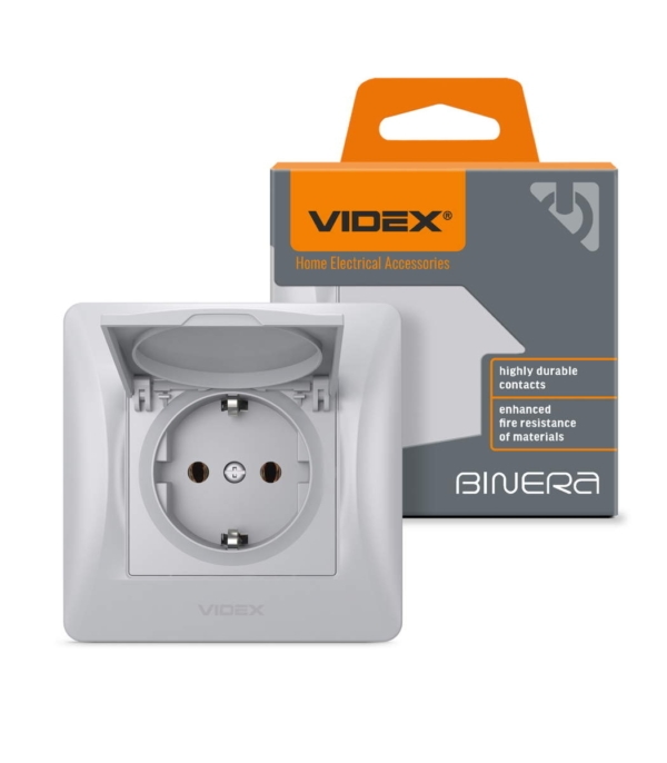 Розетка одинарная с заземлением и крышкой Серебряный шёлк VIDEX BINERA (VF-BNSK1GС-SS) — изображение 2