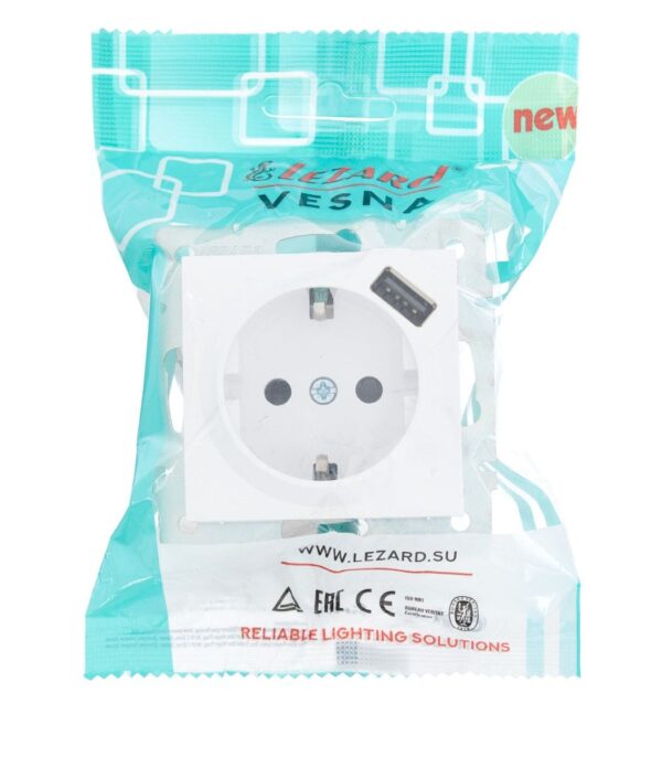 Розетка одинарная с заземлением + USB LEZARD VESNA Белая (742-0288-181) — изображение 7