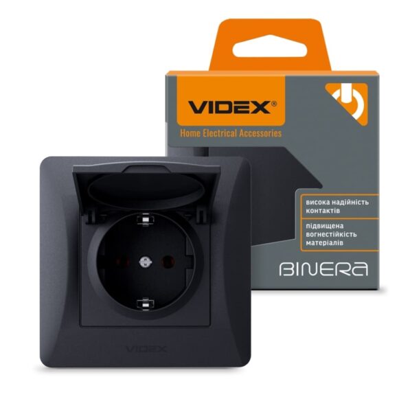 Розетка одинарная с заземлением и крышкой черный графит VIDEX BINERA (VF-BNSK1GС-BG)
