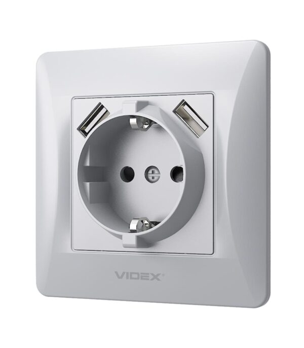 Розетка одинарная с заземлением + 2 USB Серебряный шёлк VIDEX BINERA (VF-BNSK1GU2-SS) — изображение 3