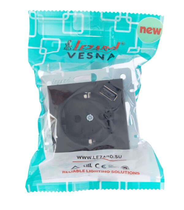 Розетка одинарная с заземлением + USB LEZARD VESNA Антрацит (742-4288-181) — изображение 6