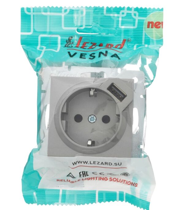 Розетка одинарная с заземлением + USB LEZARD VESNA Серый матовый (742-3588-181) — изображение 5