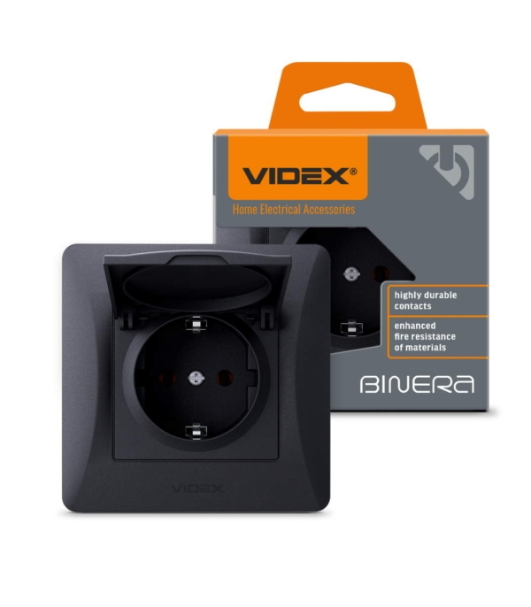 Розетка одинарная с заземлением и крышкой черный графит VIDEX BINERA (VF-BNSK1GС-BG) — изображение 2