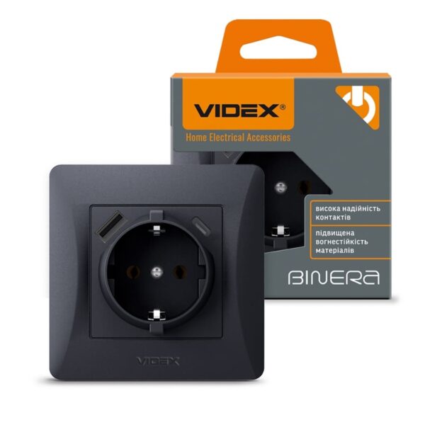 Розетка одинарная с заземлением и USB+USB-C черный графит VIDEX BINERA (VF-BNSK1GUC-BG)