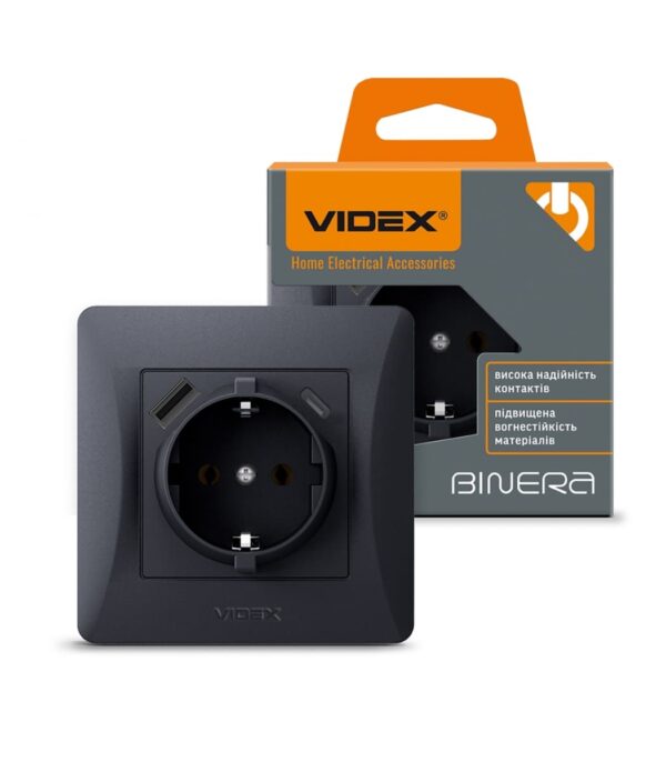 Розетка одинарная с заземлением и USB+USB-C черный графит VIDEX BINERA (VF-BNSK1GUC-BG)