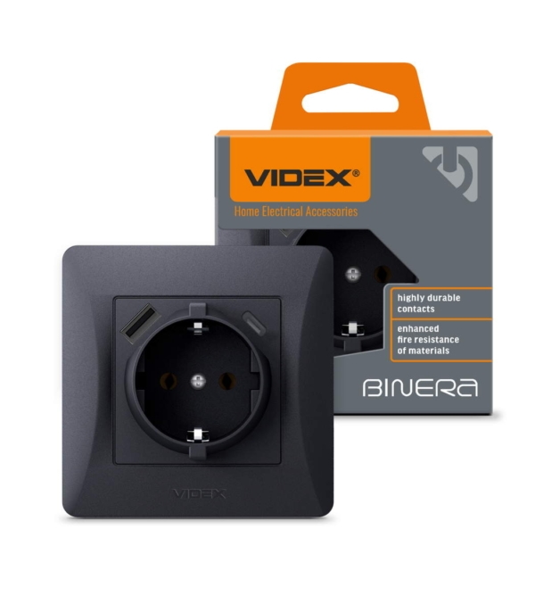 Розетка одинарная с заземлением и USB+USB-C черный графит VIDEX BINERA (VF-BNSK1GUC-BG) — изображение 2
