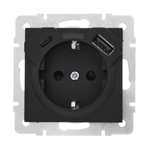 Розетка одинарная с заземлением + USB, USB-C LEZARD VESNA Антрацит (742-4288-181TC)