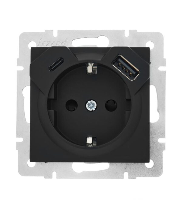 Розетка одинарная с заземлением + USB, USB-C LEZARD VESNA Антрацит (742-4288-181TC)