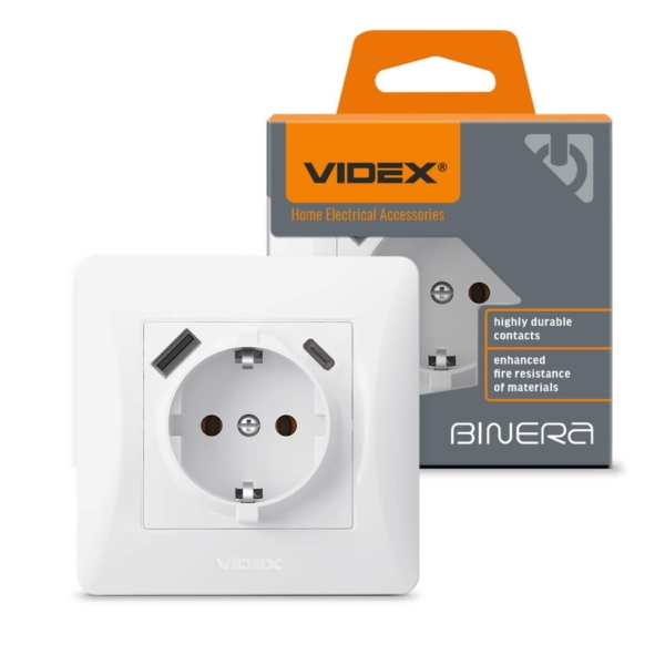 Розетка одинарная с заземлением и USB+USB-C белая VIDEX BINERA (VF-BNSK1GUC-W)