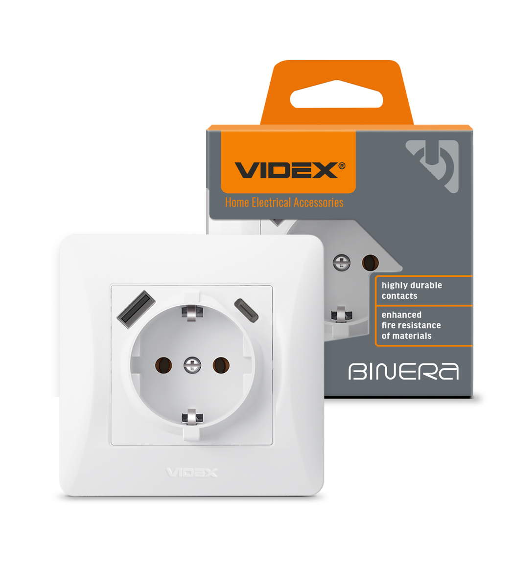 videx-vf-bnsk1-guc-w-1 Розетка одинарная с заземлением и USB+USB-C белая VIDEX BINERA (VF-BNSK1GUC-W) — изображение 1