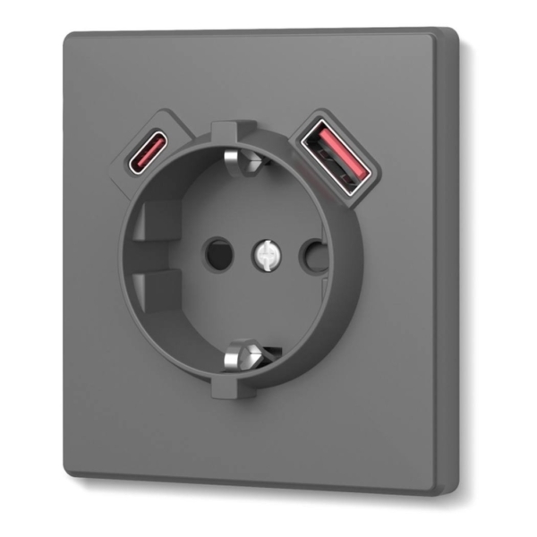 USB-розетка 1-я с заземлением USB-A+C 20W Nota Videx, Серый графит (VF-NT-SK1GUC-GR)