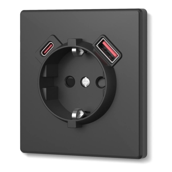 USB-розетка 1-я с заземлением USB-A+C 20W Nota Videx, Угольно-черная (VF-NT-SK1GUC-BL)