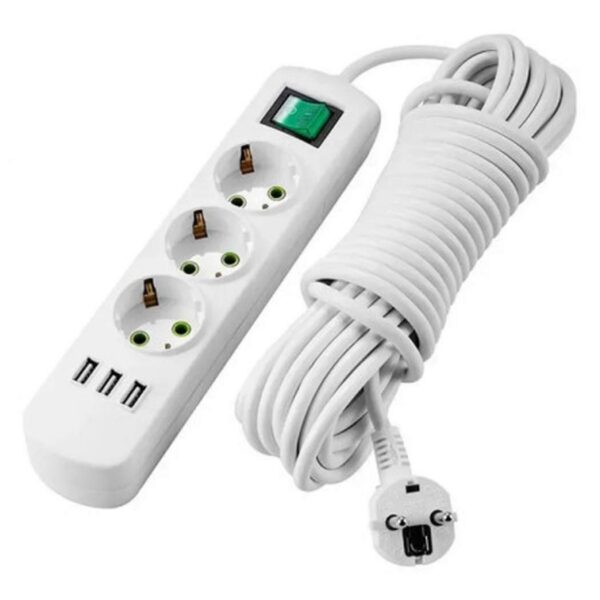 Удлинитель 3 гнезда, 5 м, с заземлением, с выключателем, с USB-зарядкой LETITIA Lezard, Белый (721-0305-302U)