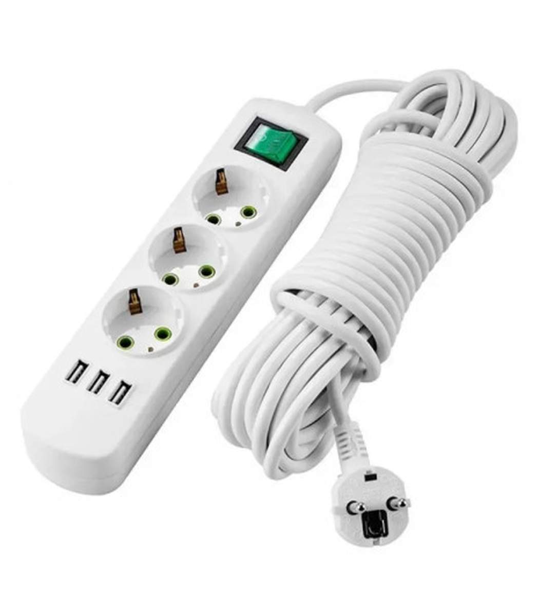 ceecfbdc-2aab-11f1-0a80-1524005b2e02.jpg Удлинитель 3 гнезда, 5 м, с заземлением, с выключателем, с USB-зарядкой LETITIA Lezard, Белый (721-0305-302U) — изображение 1